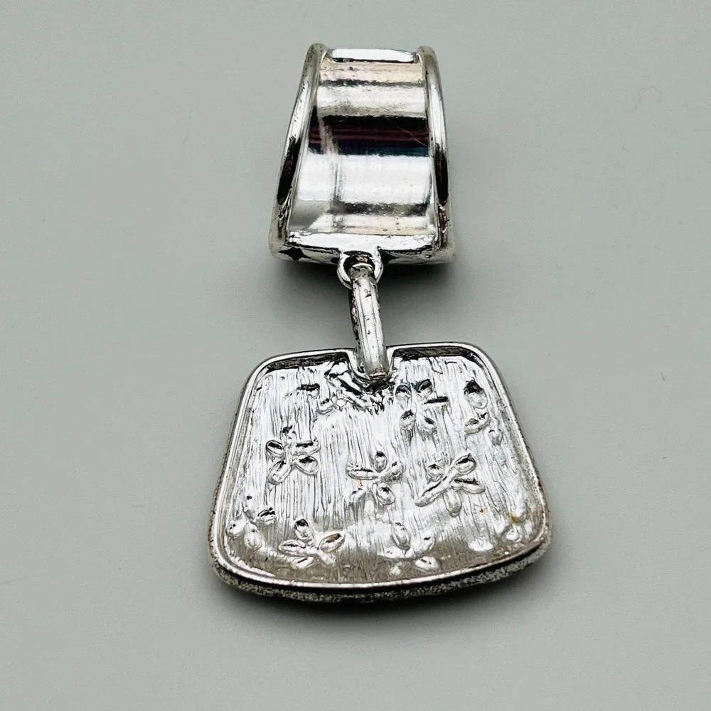 Silver Tone Floral Slide Scarf Enhancer Pendant Hammered Textured Dangle‎